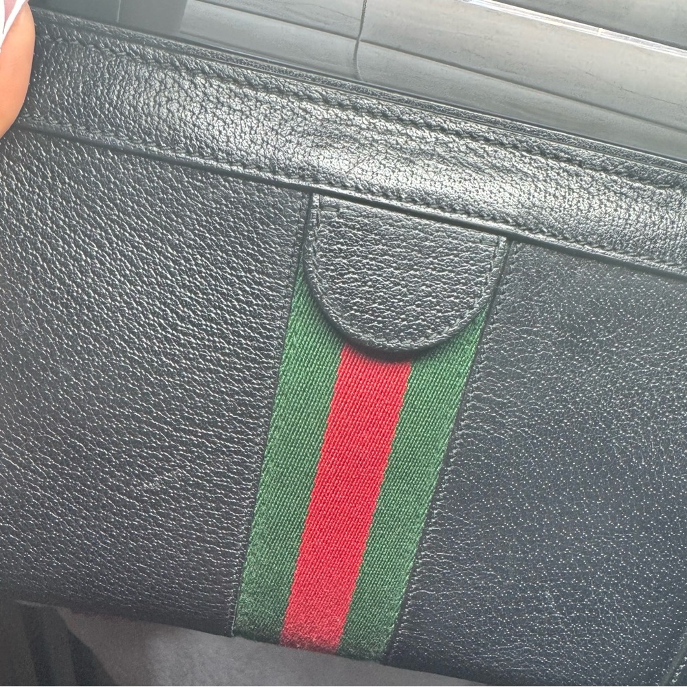 Gucci Black Leather Clutch with Green and Red Stripe and Gold Chain Accent - Picture 6 of 7